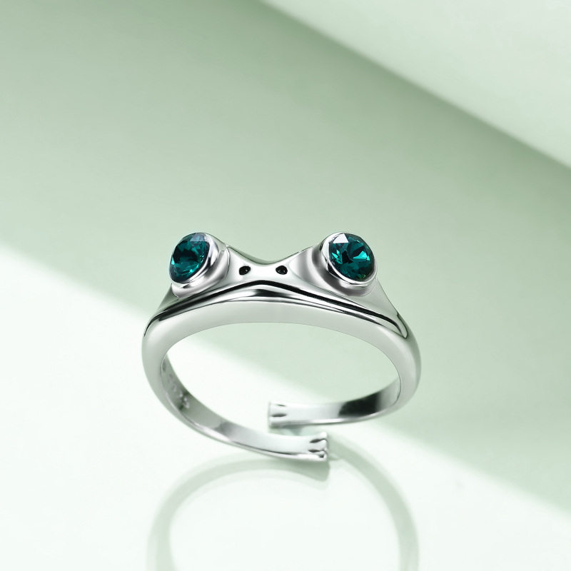 Sterling Silver Round Shaped Crystal Frog Open Ring-3