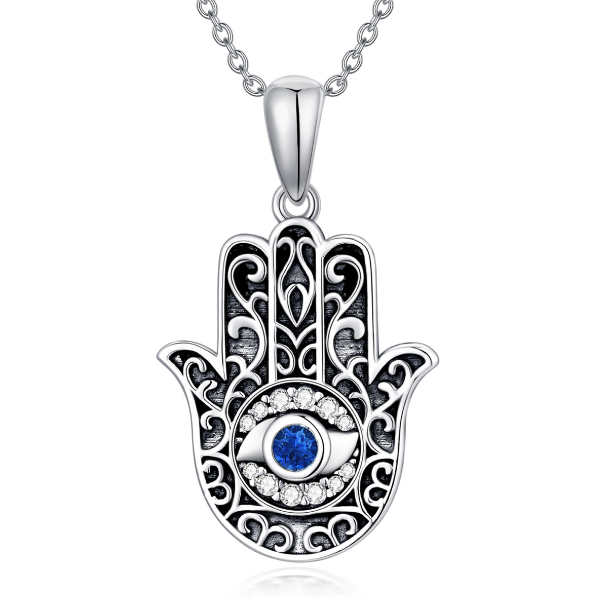 Sterling Silver Circular Shaped Crystal Hamsa Hand Pendant Necklace-1