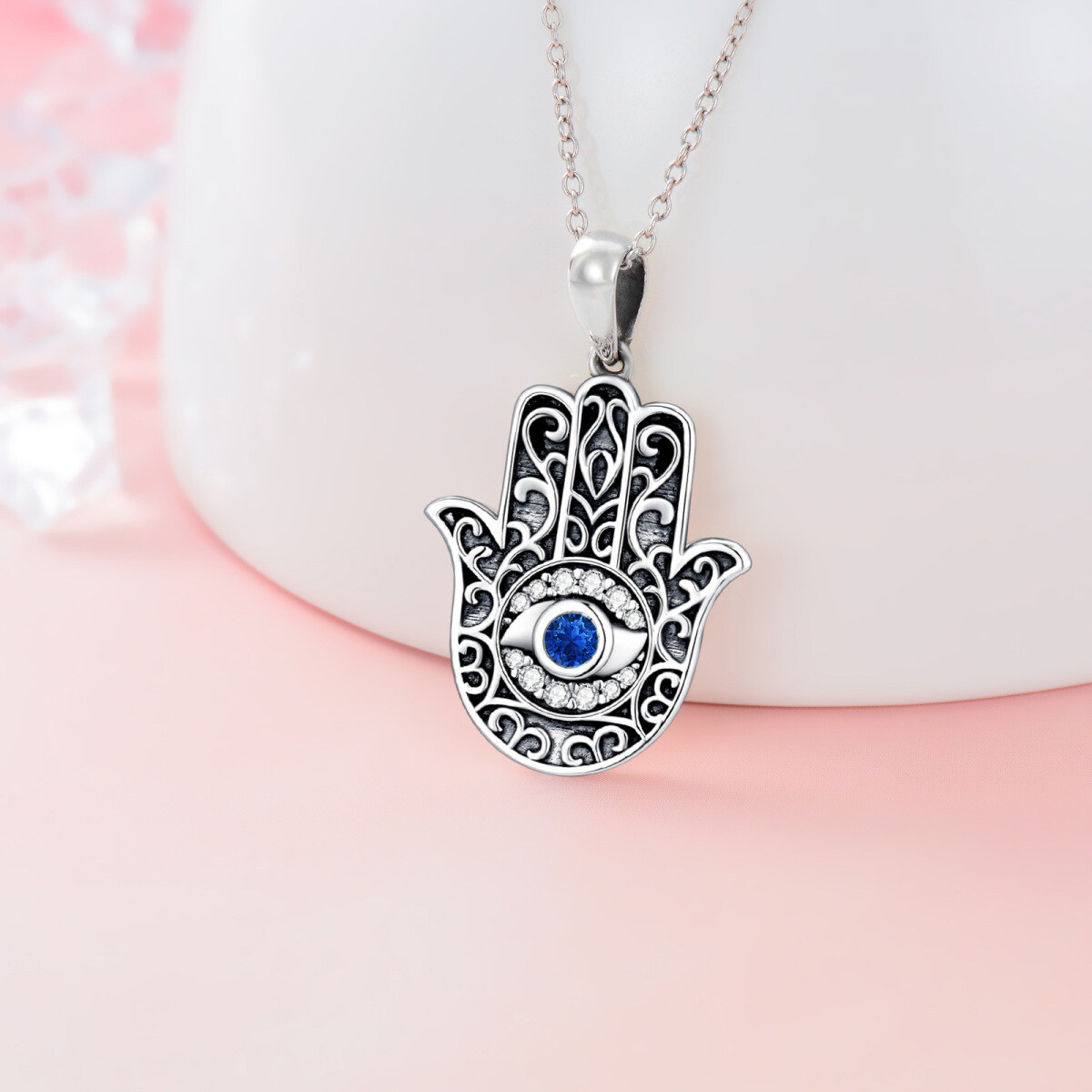 Sterling Silver Circular Shaped Crystal Hamsa Hand Pendant Necklace-3