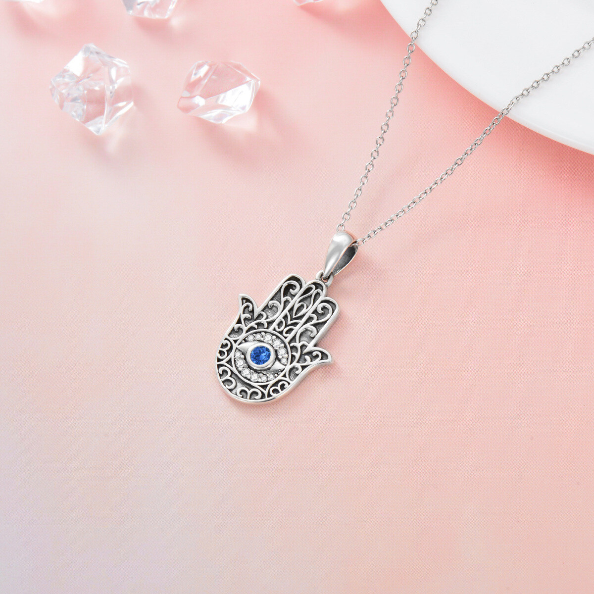 Sterling Silver Circular Shaped Crystal Hamsa Hand Pendant Necklace-4