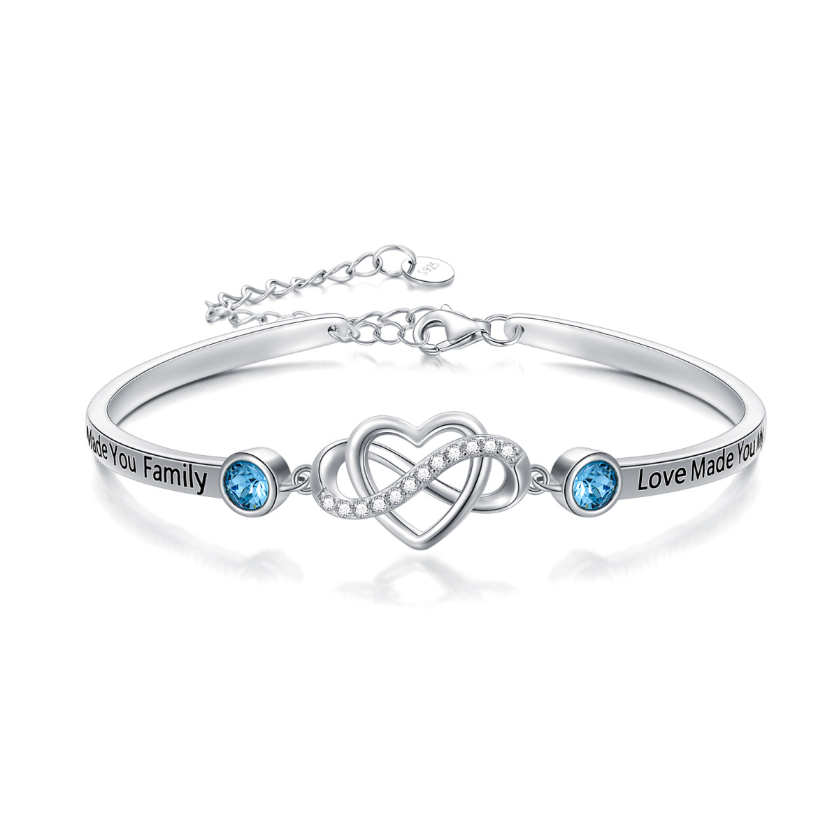 Ciondolo in argento sterling a forma di cerchio con cuore e simbolo dell'infinito, con parola incisa-1