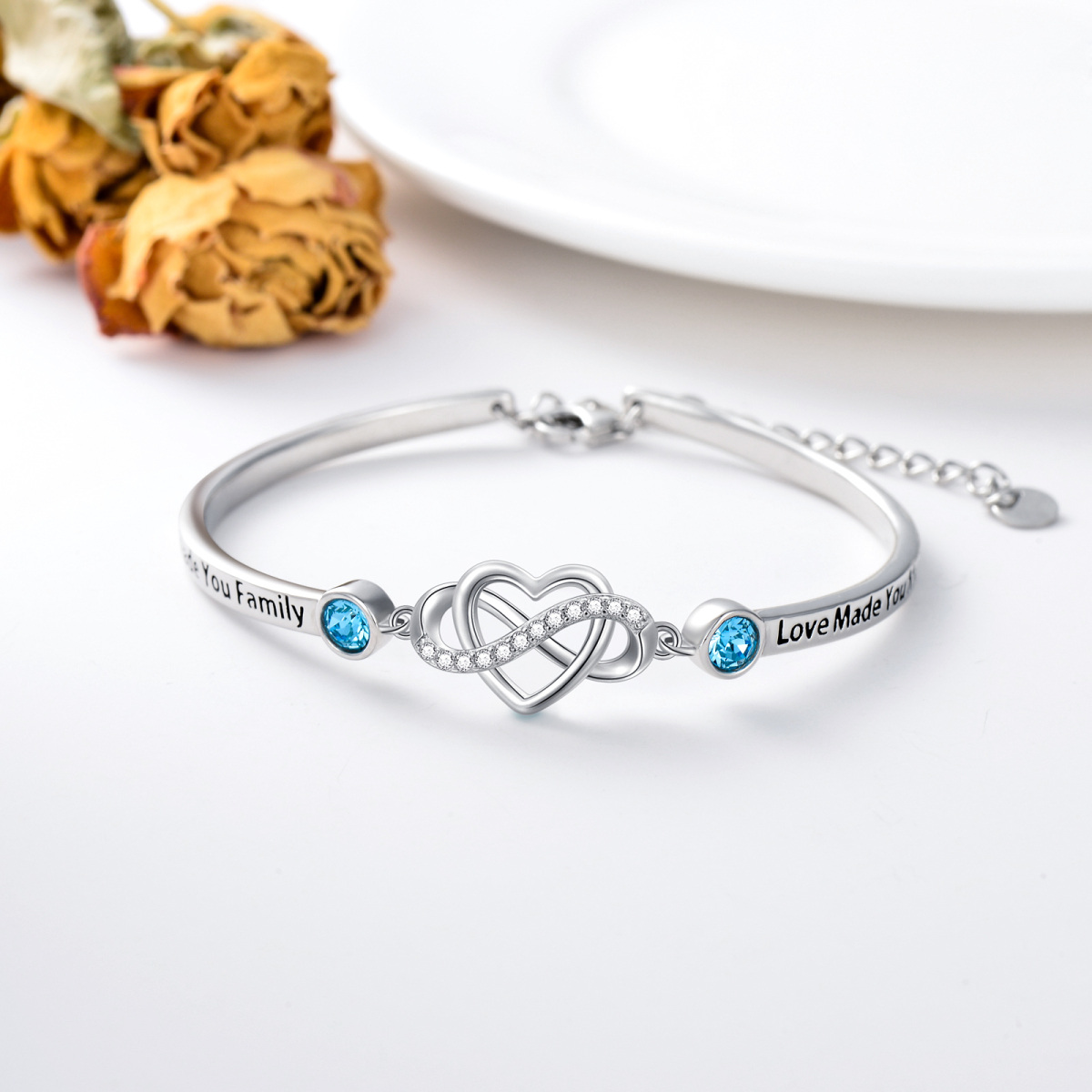 Sterling Silver Circular Shaped Crystal Heart & Infinity Symbol Pendant Bangle with Engraved Word-4