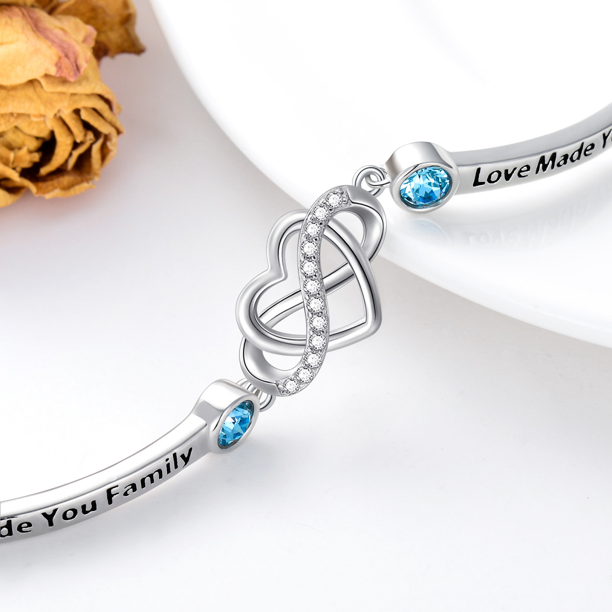 Sterling Silver Circular Shaped Crystal Heart & Infinity Symbol Pendant Bangle with Engraved Word-5