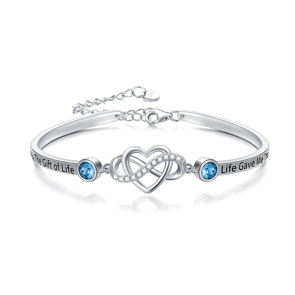 Bracelet jonc en argent sterling avec pendentif en forme de cœur circulaire en cristal et symbole de l'infini, avec inscription gravée-1