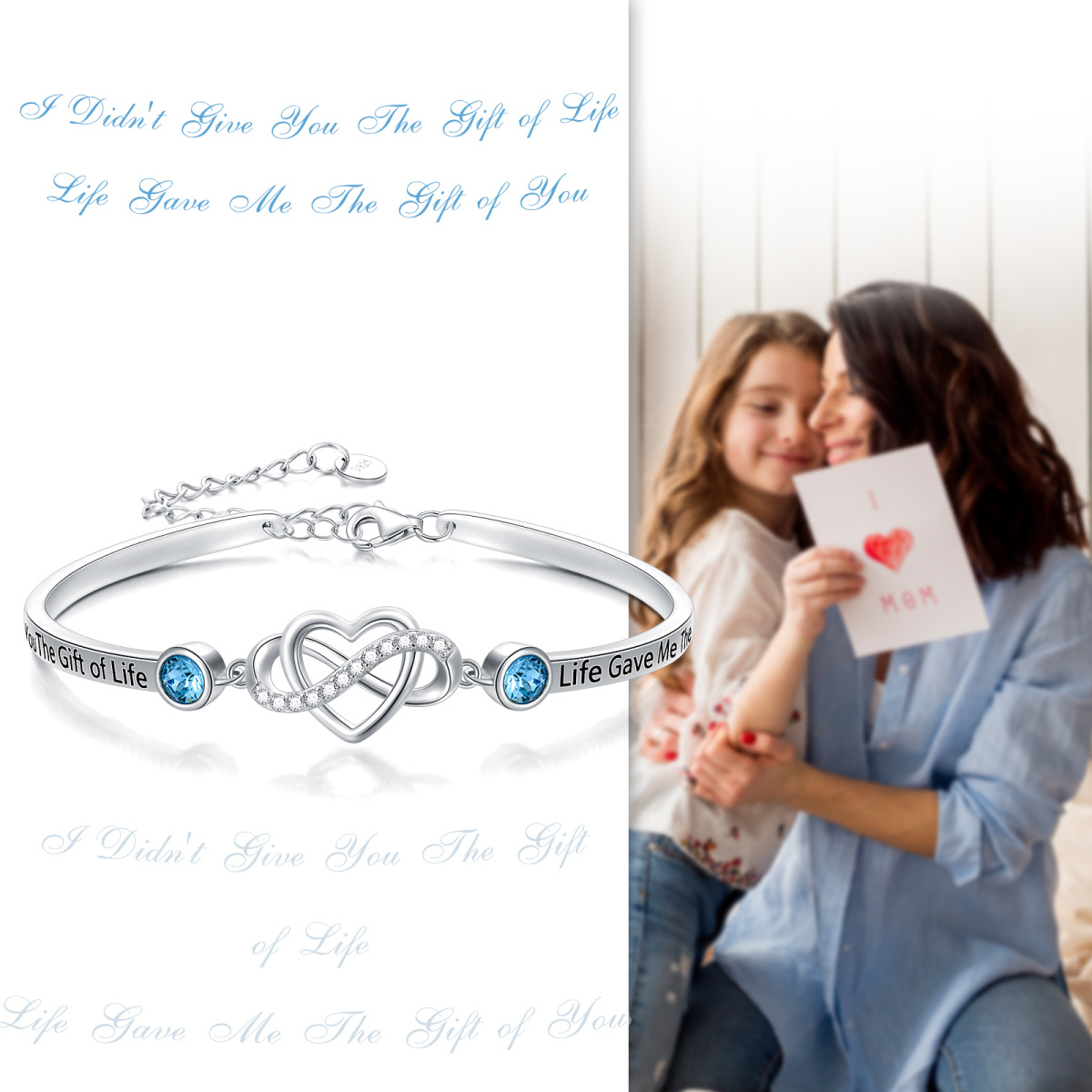 Bracelet jonc en argent sterling avec pendentif en forme de cœur circulaire en cristal et symbole de l'infini, avec inscription gravée-3