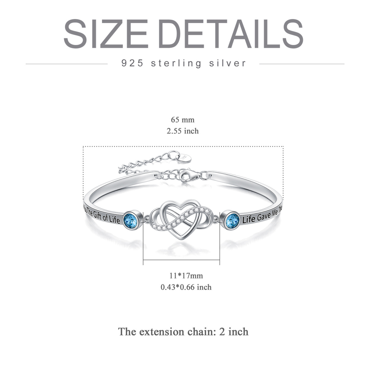 Bracelet jonc en argent sterling avec pendentif en forme de cœur circulaire en cristal et symbole de l'infini, avec inscription gravée-4