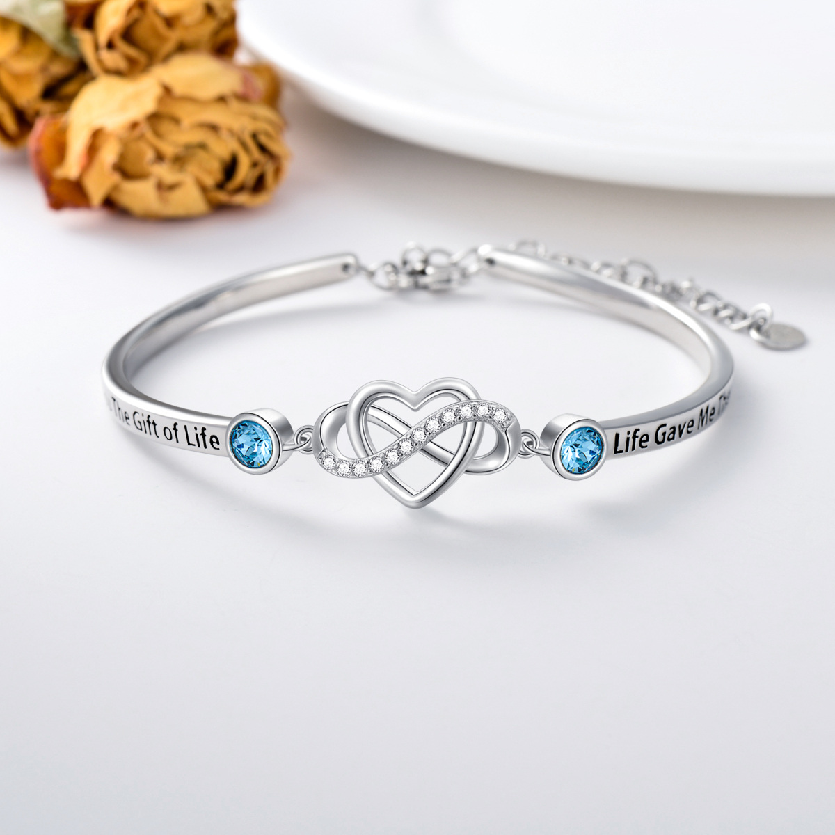 Bracelet jonc en argent sterling avec pendentif en forme de cœur circulaire en cristal et symbole de l'infini, avec inscription gravée-5