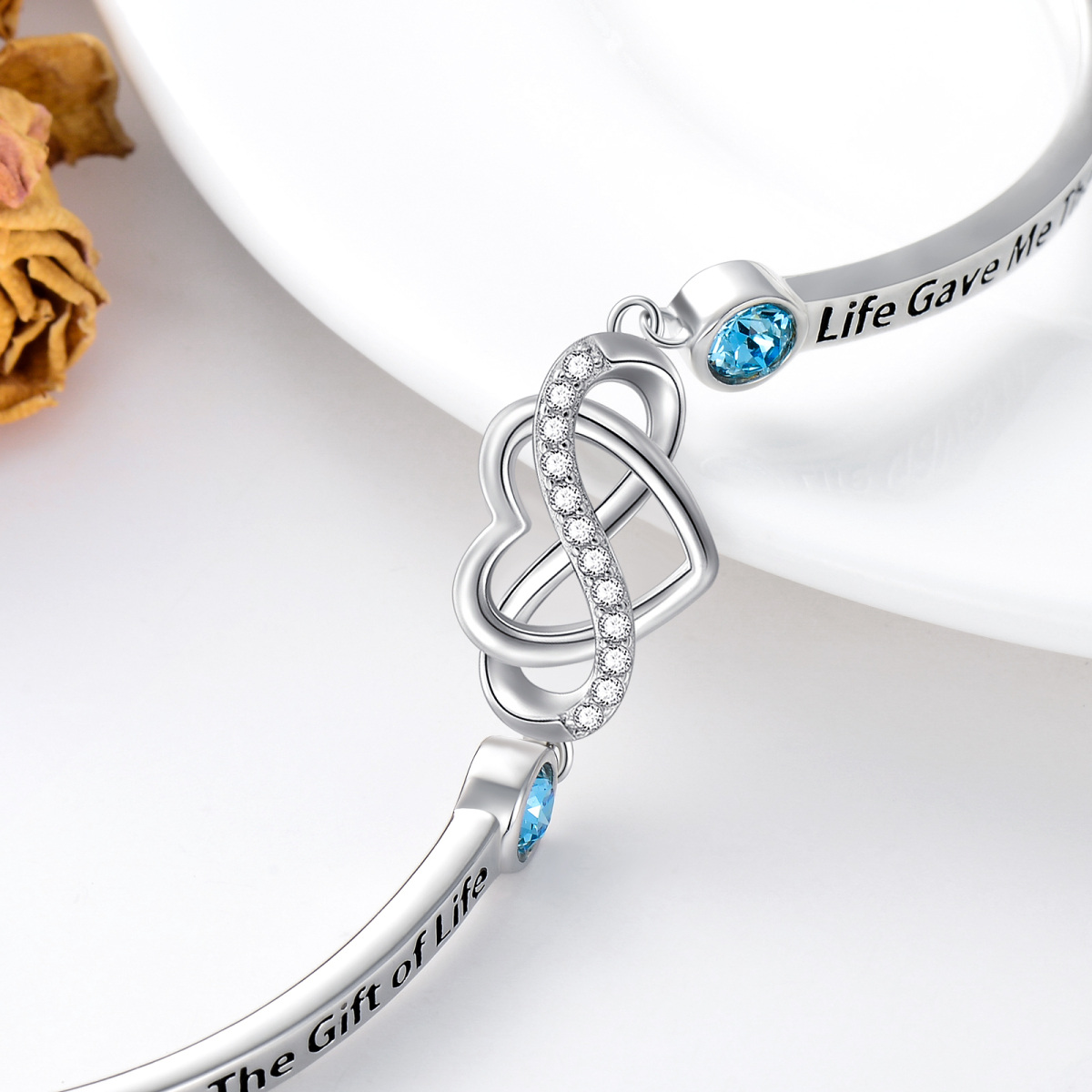 Bracelet jonc en argent sterling avec pendentif en forme de cœur circulaire en cristal et symbole de l'infini, avec inscription gravée-6