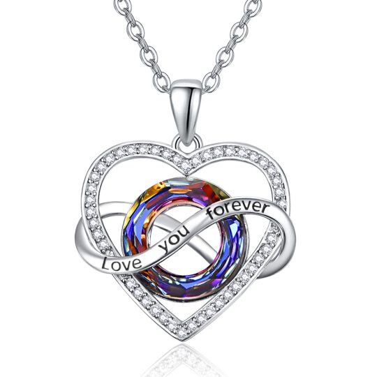 Sterling Silver Circular Shaped Crystal Heart & Infinity Symbol Pendant Necklace with Engraved Word