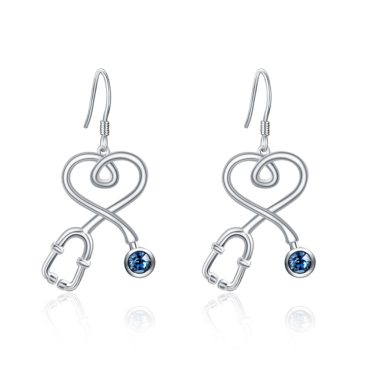 Sterling Silver Circular Shaped Crystal Heart & Stethoscope Drop Earrings-1