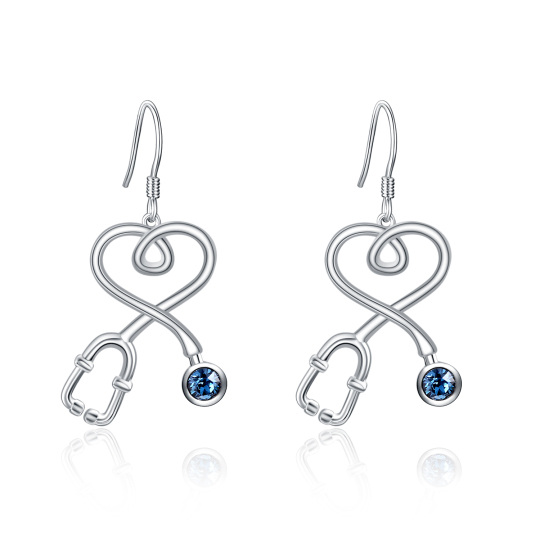 Sterling Silver Circular Shaped Crystal Heart & Stethoscope Drop Earrings