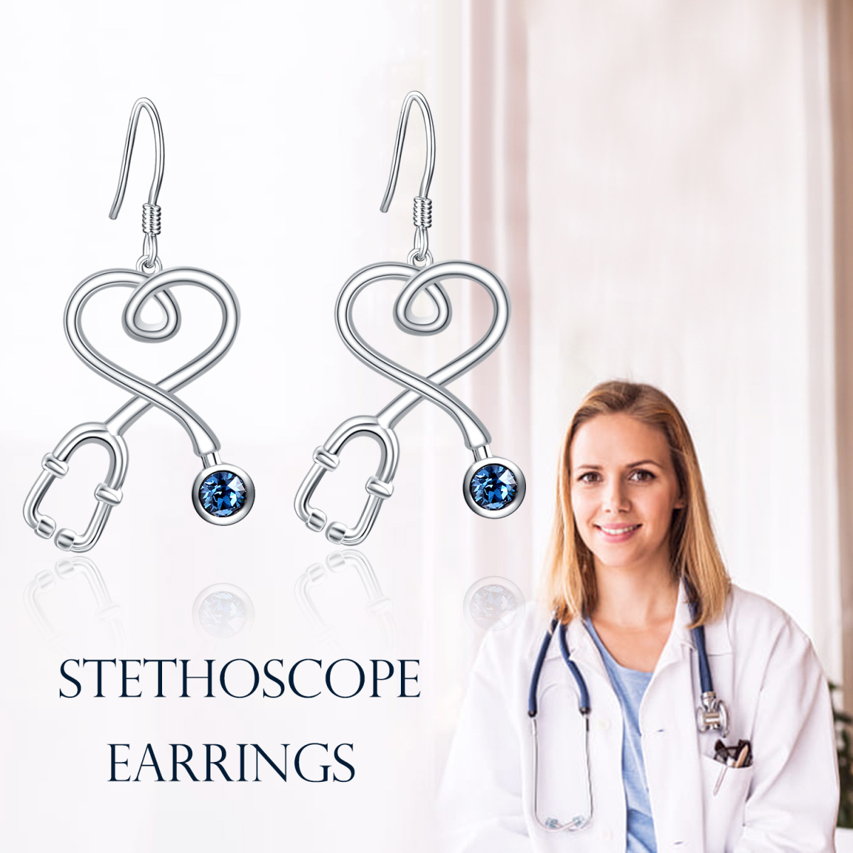 Sterling Silver Circular Shaped Crystal Heart & Stethoscope Drop Earrings-5