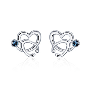 Sterling Silver Circular Shaped Crystal Heart & Stethoscope Stud Earrings-48