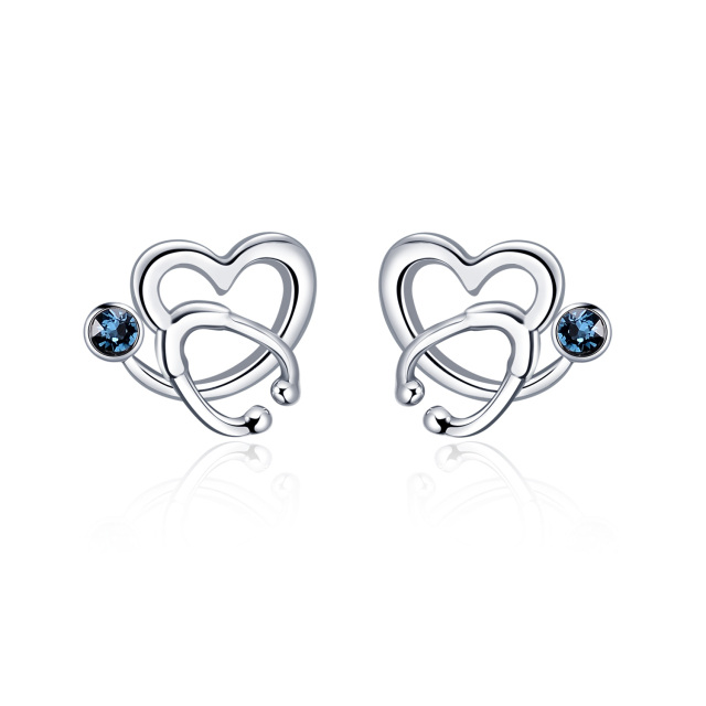 Sterling Silver Circular Shaped Crystal Heart & Stethoscope Stud Earrings-4