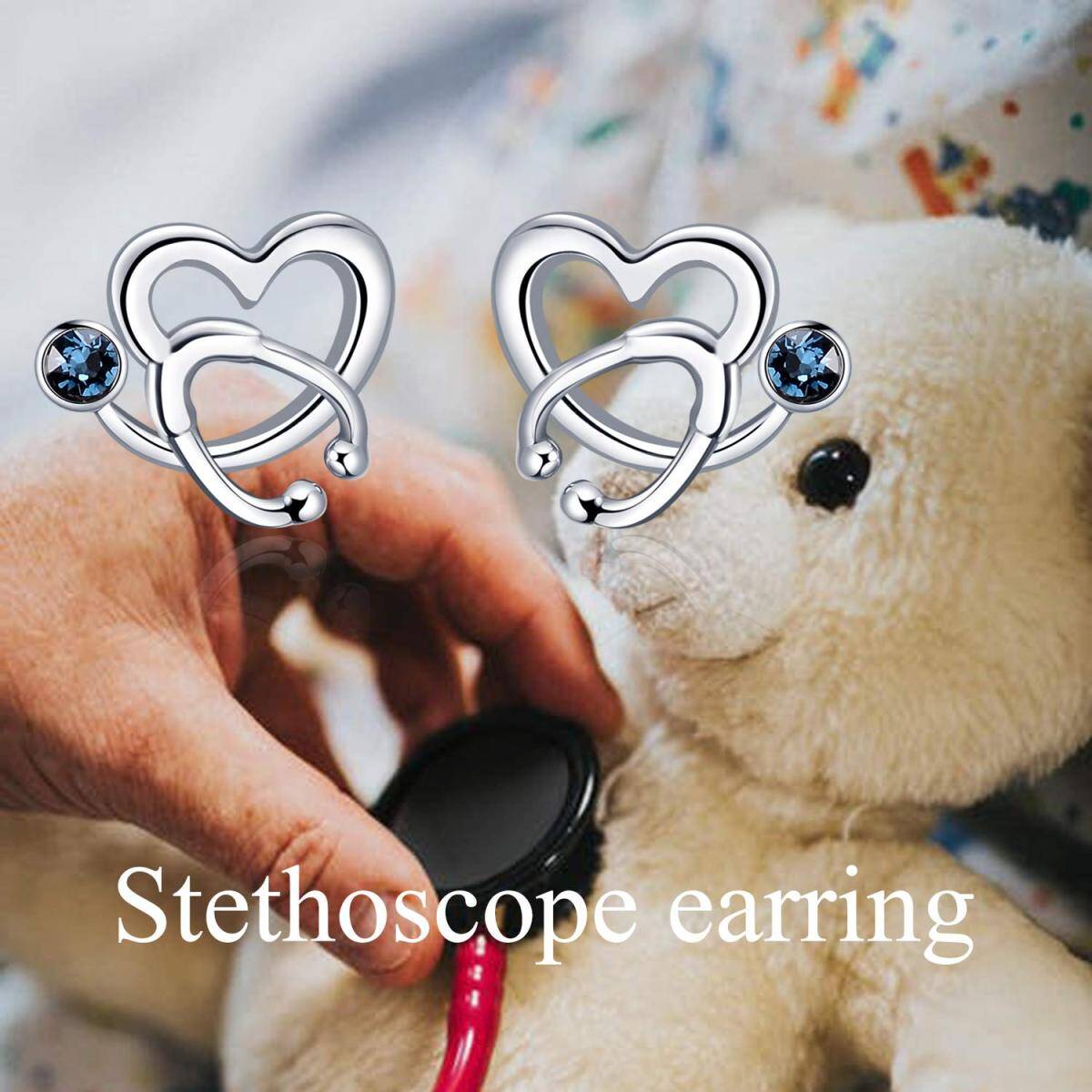 Sterling Silver Circular Shaped Crystal Heart & Stethoscope Stud Earrings-4