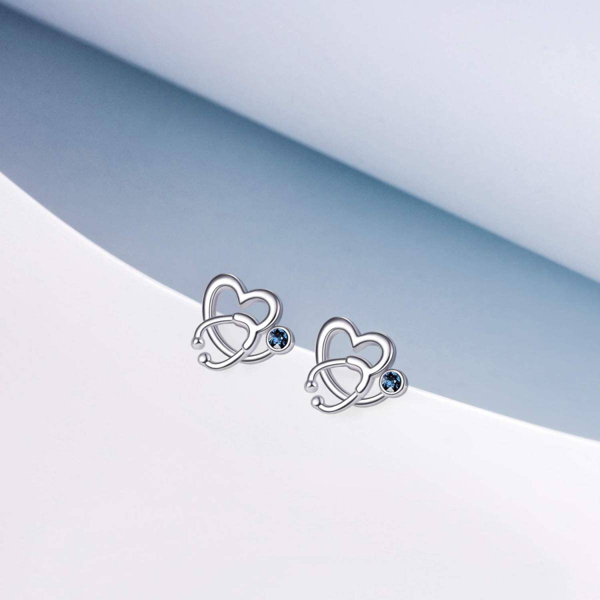 Sterling Silver Circular Shaped Crystal Heart & Stethoscope Stud Earrings-6