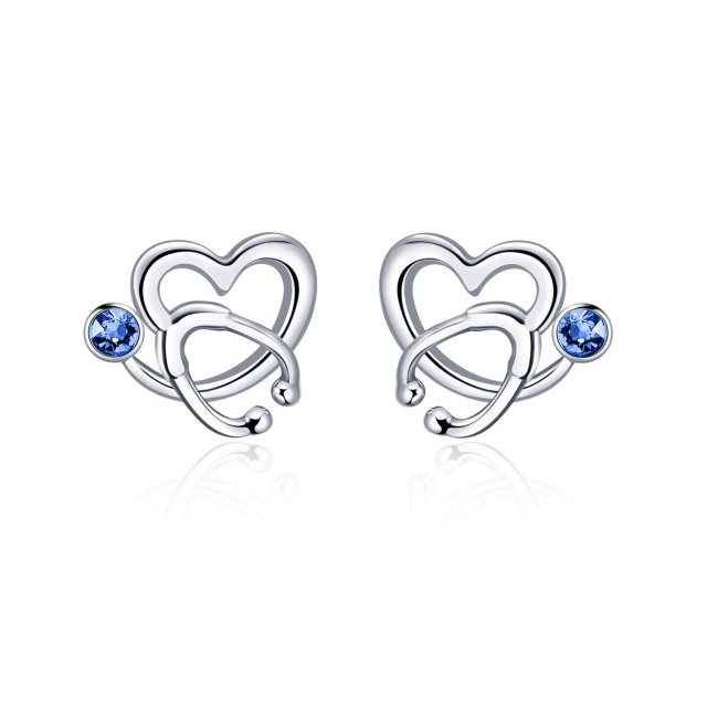 Sterling Silver Circular Shaped Crystal Heart & Stethoscope Stud Earrings-1