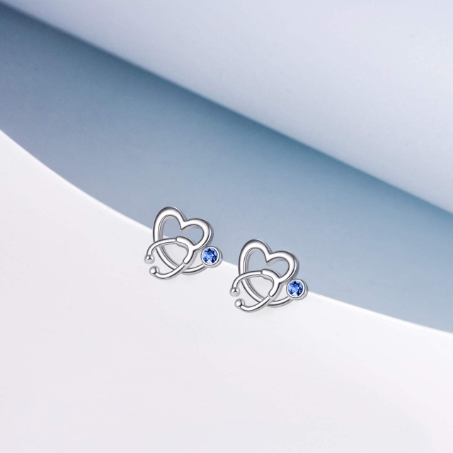 Sterling Silver Circular Shaped Crystal Heart & Stethoscope Stud Earrings-3