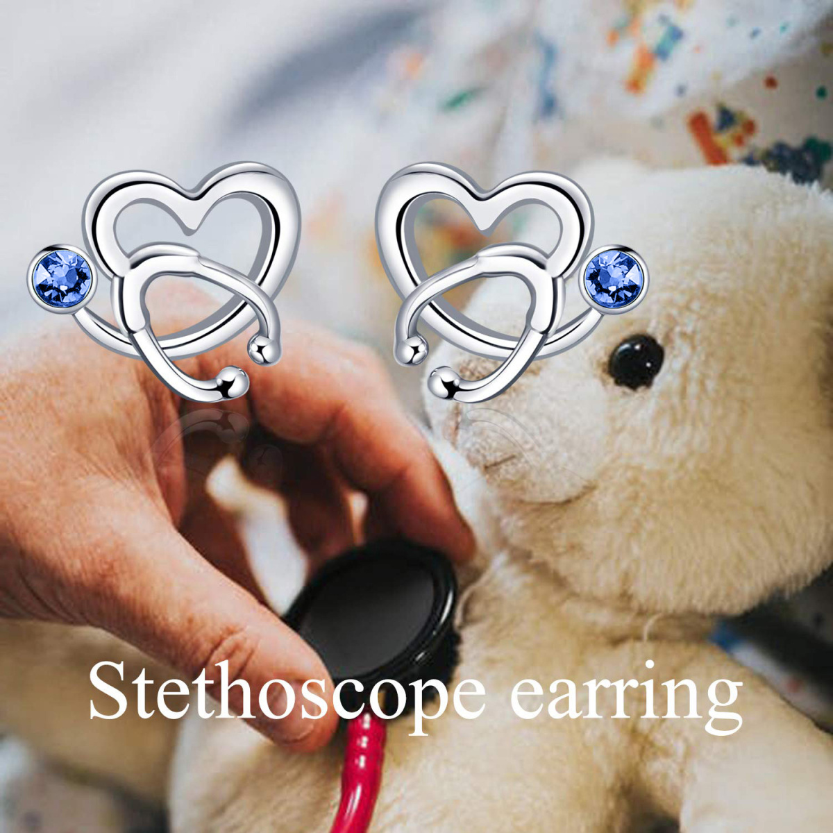 Sterling Silver Circular Shaped Crystal Heart & Stethoscope Stud Earrings-4