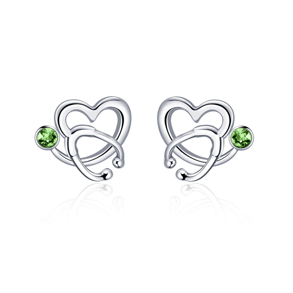 Sterling Silver Circular Shaped Crystal Heart & Stethoscope Stud Earrings-1