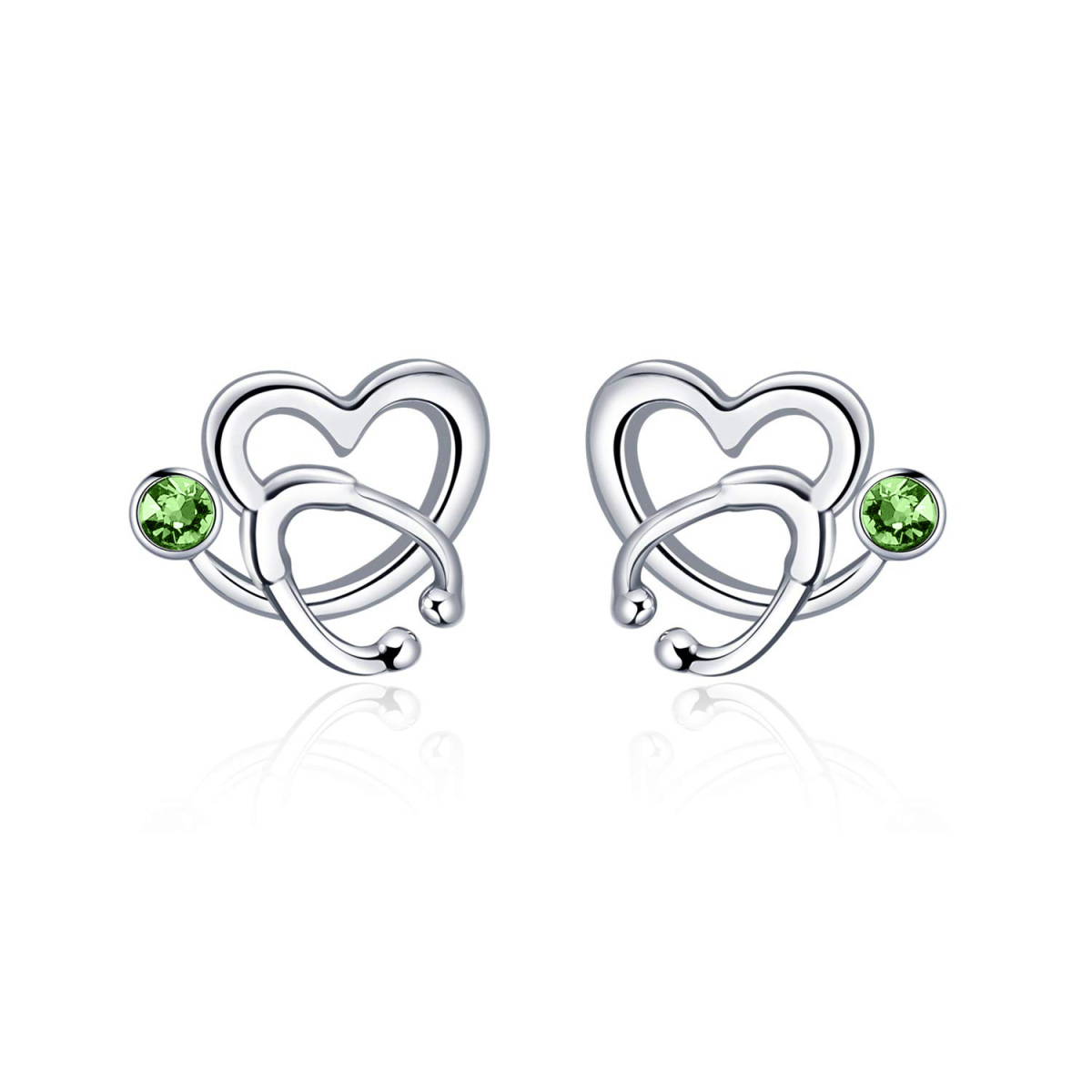 Sterling Silver Circular Shaped Crystal Heart & Stethoscope Stud Earrings-1