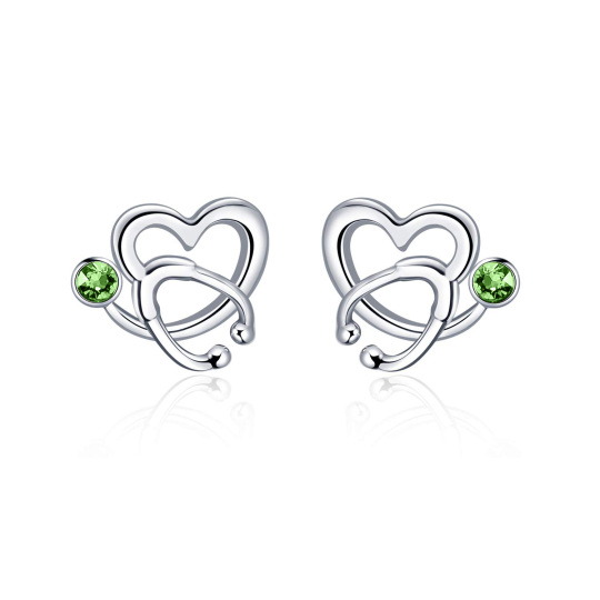 Sterling Silver Circular Shaped Crystal Heart & Stethoscope Stud Earrings