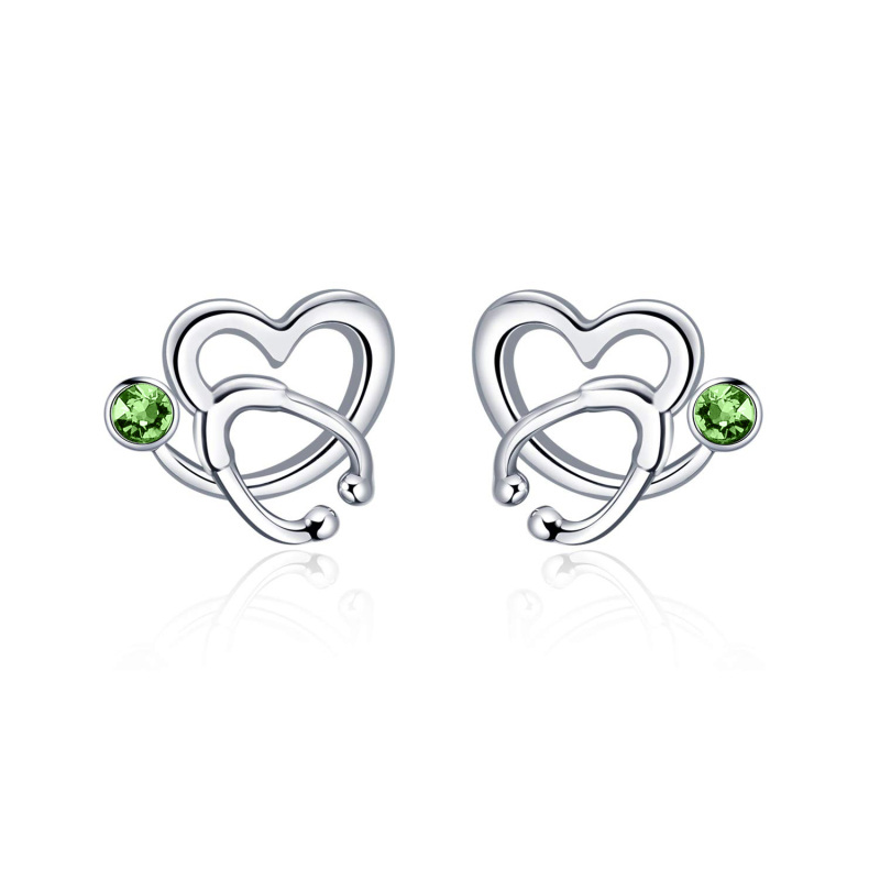 Sterling Silver Circular Shaped Crystal Heart & Stethoscope Stud Earrings-8