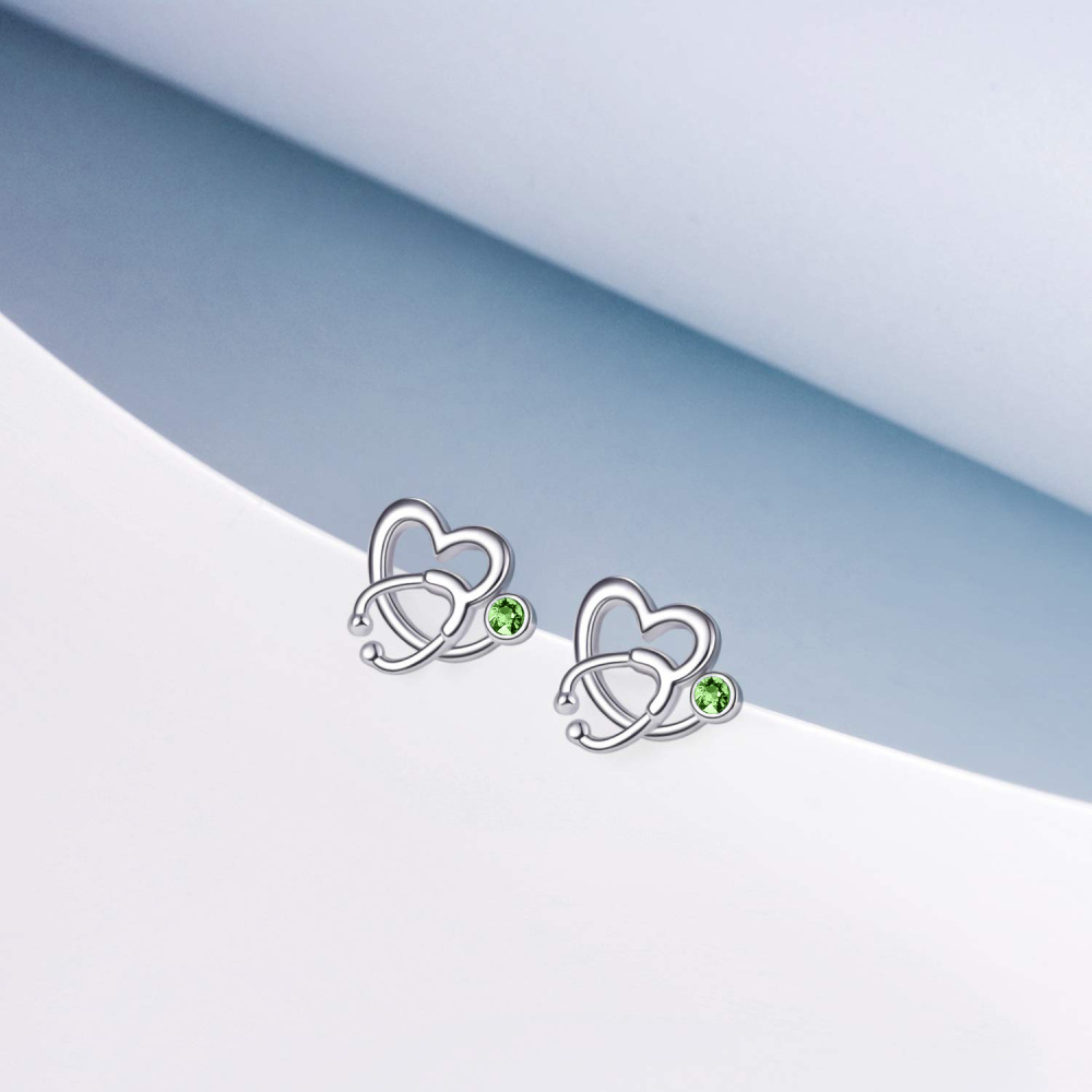 Sterling Silver Circular Shaped Crystal Heart & Stethoscope Stud Earrings-3