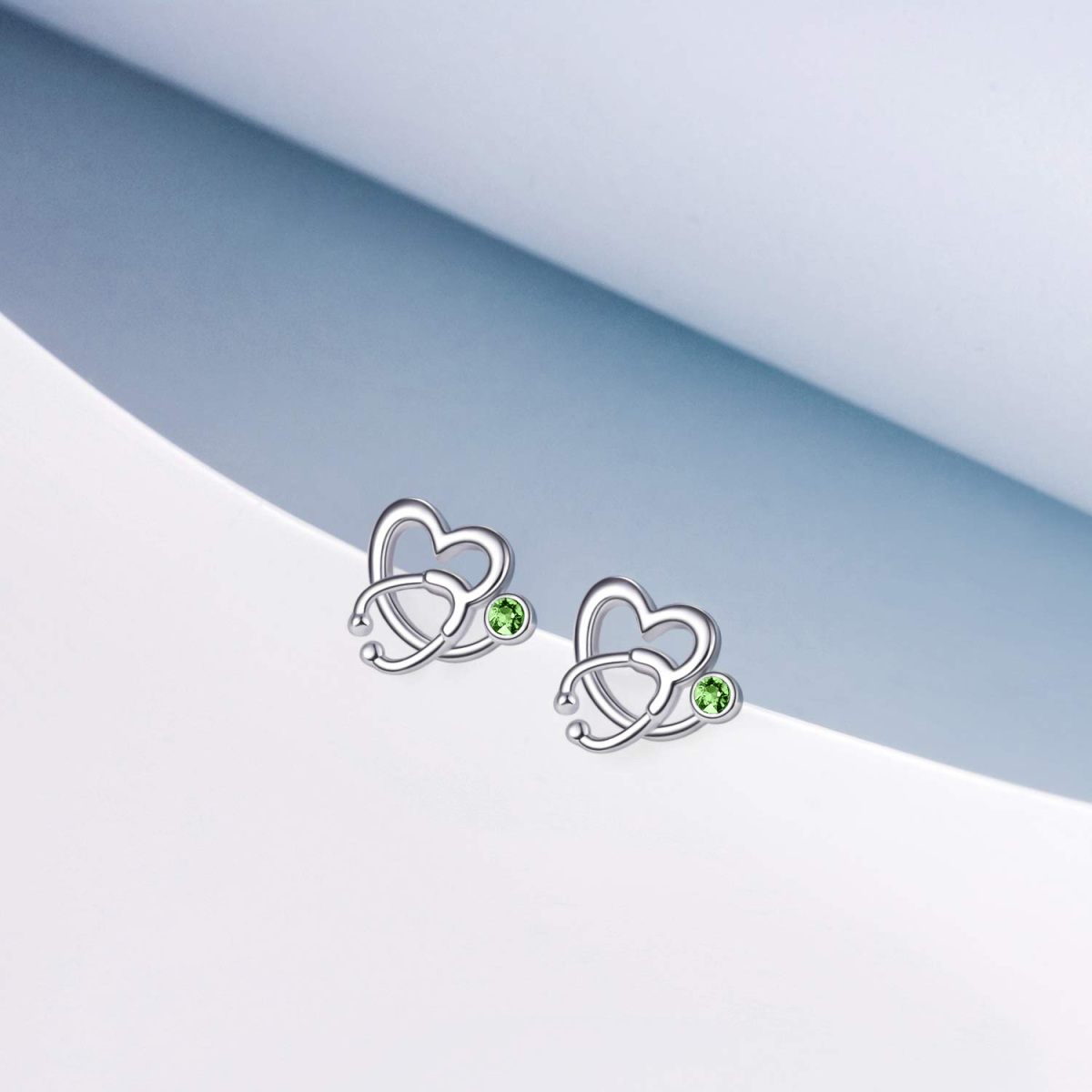 Sterling Silver Circular Shaped Crystal Heart & Stethoscope Stud Earrings-3