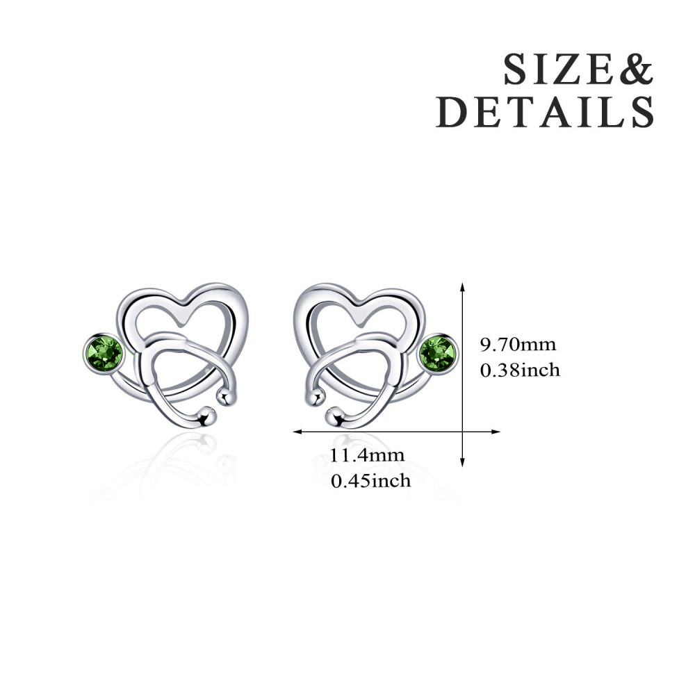 Sterling Silver Circular Shaped Crystal Heart & Stethoscope Stud Earrings-4