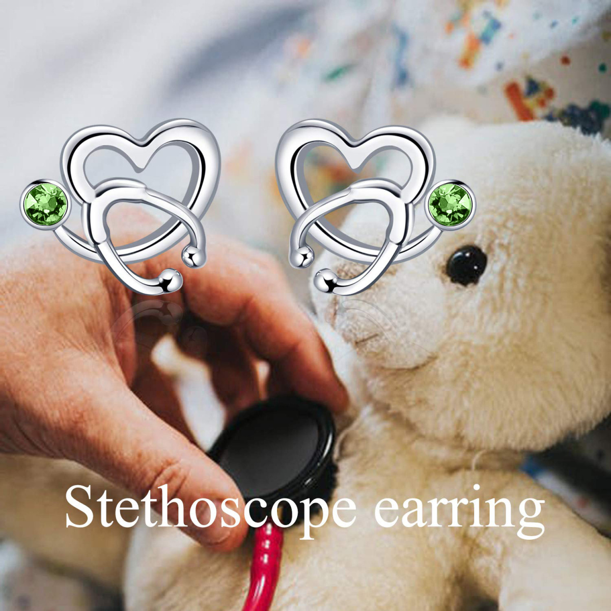 Sterling Silver Circular Shaped Crystal Heart & Stethoscope Stud Earrings-5