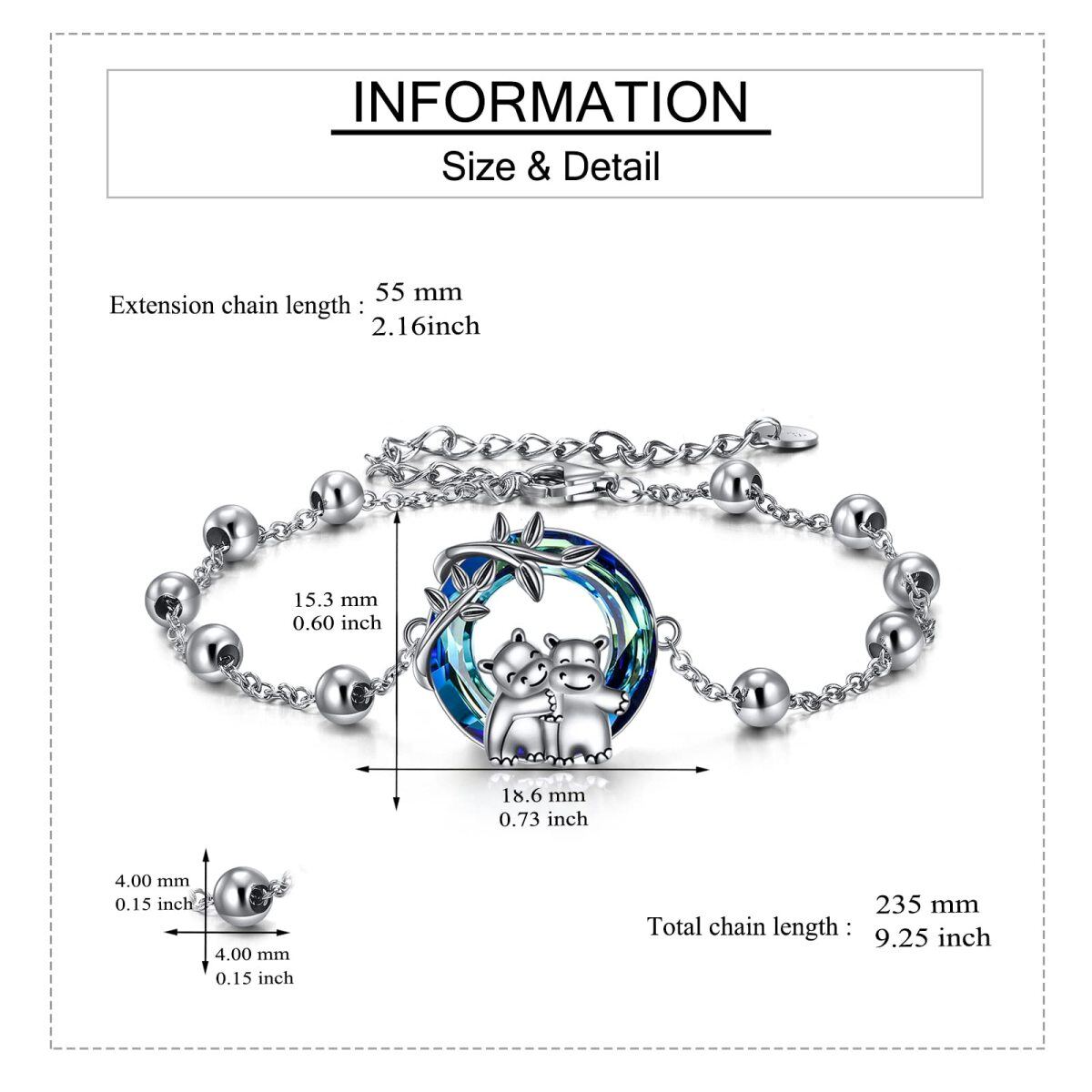 Sterling Silber kreisförmig Kristall Nilpferd Anhänger Armband-5