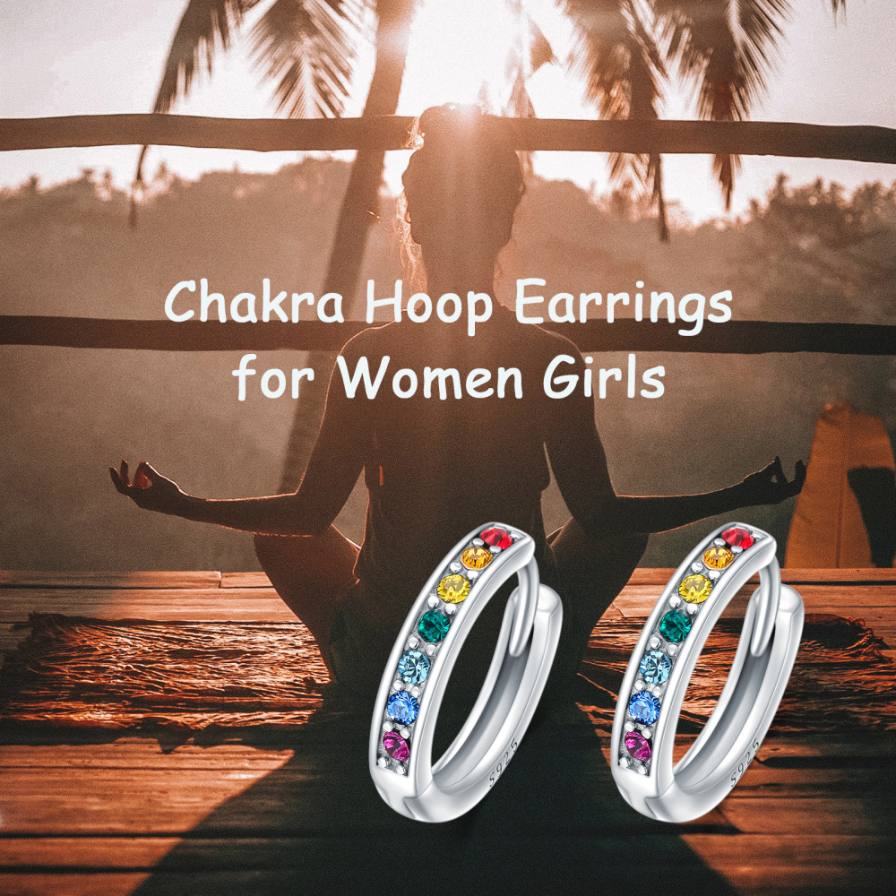 Sterling Silver Circular Shaped Crystal Chakras Hoop Earrings-6