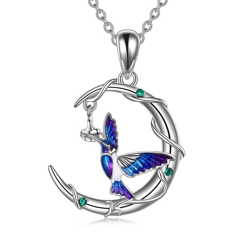 Sterling Silver Circular Shaped Crystal Hummingbird & Moon Pendant Necklace-14