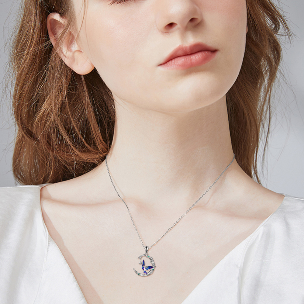 Sterling zilveren cirkelvormige kristal kolibrie & maan hanger ketting-2