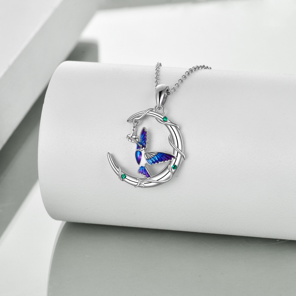 Sterling zilveren cirkelvormige kristal kolibrie & maan hanger ketting-3