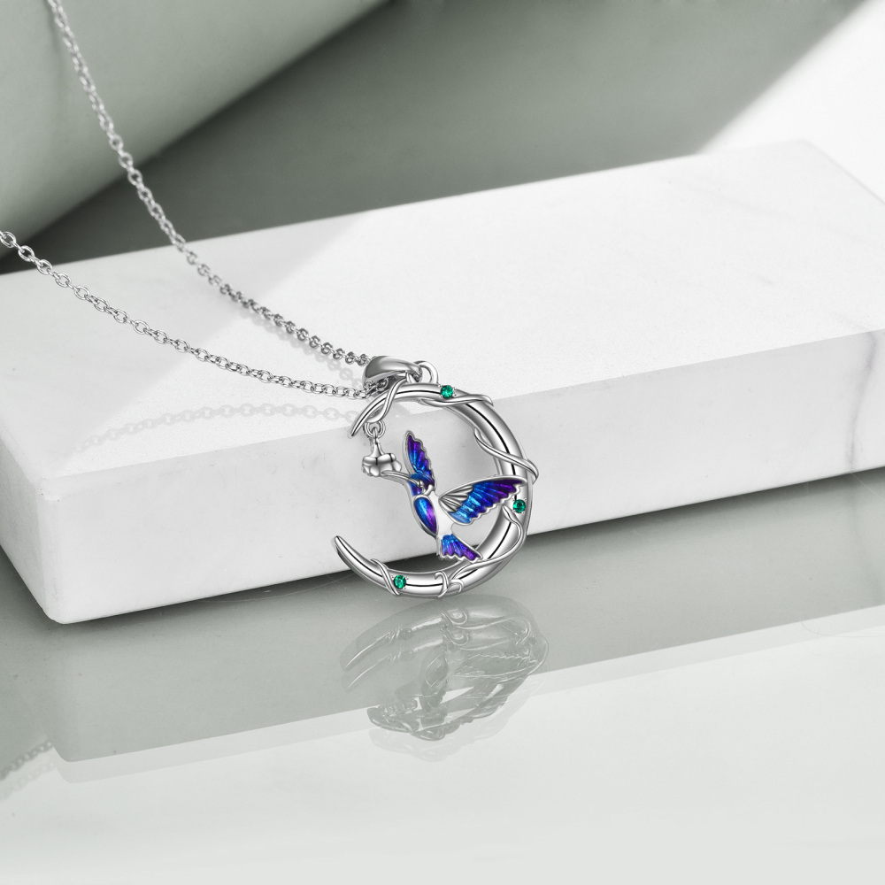 Sterling zilveren cirkelvormige kristal kolibrie & maan hanger ketting-4