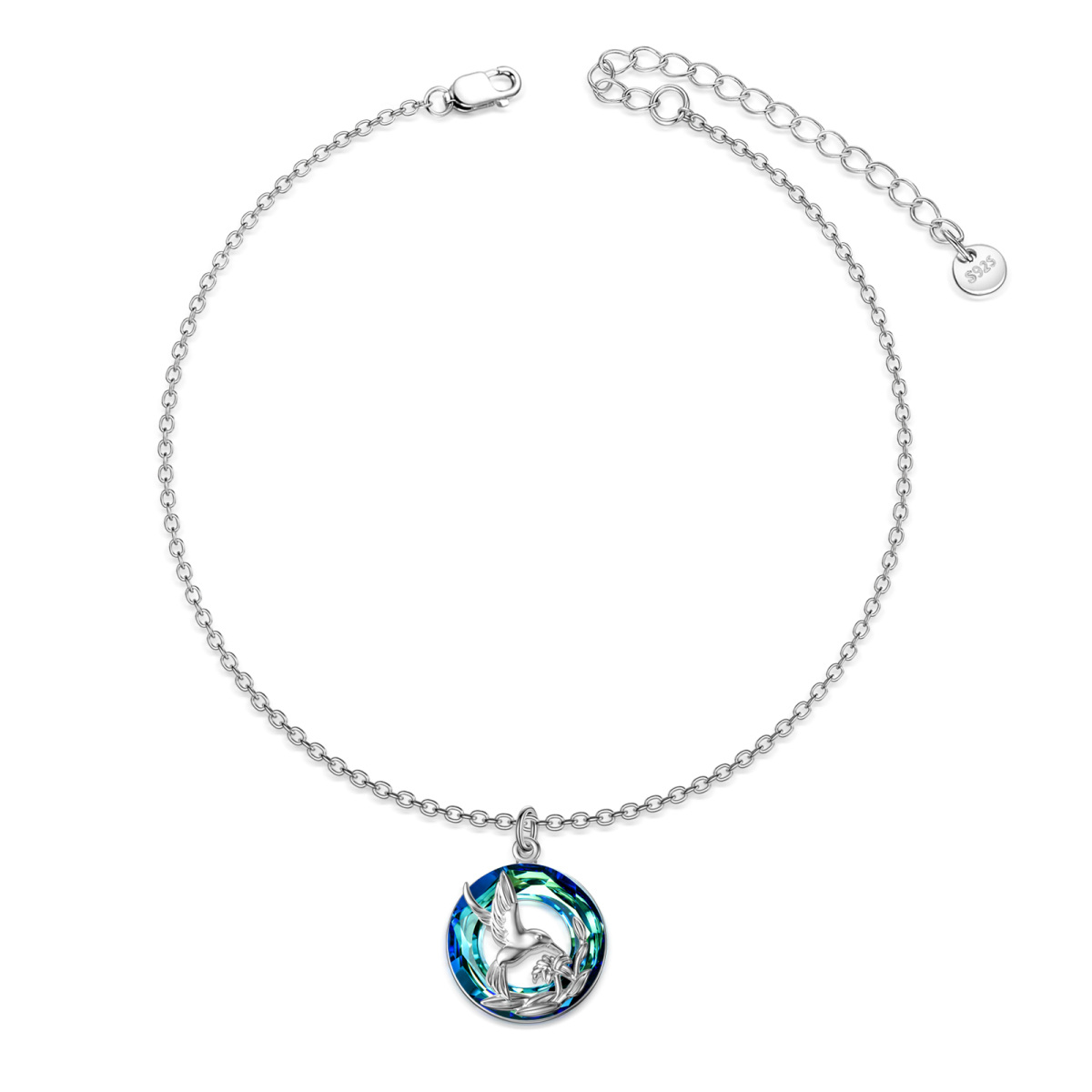 Sterling Silver Circular Shaped Crystal Hummingbird Single Layer Anklet-1