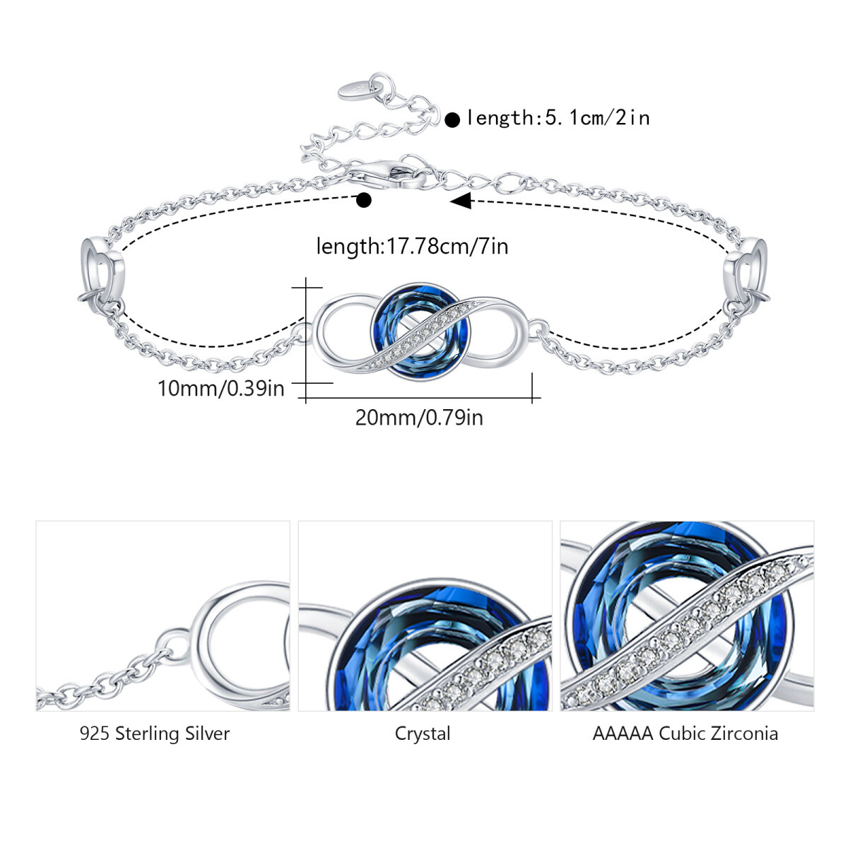 Pulsera de plata de ley con forma circular de cristal y símbolo del infinito-7