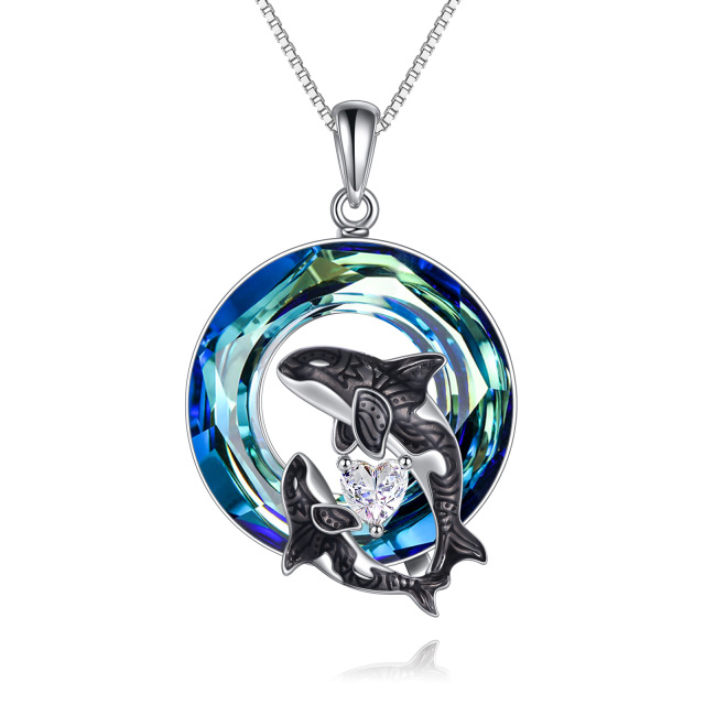 Sterling Silver Circular Shaped Crystal Killer Whale Pendant Necklace-1