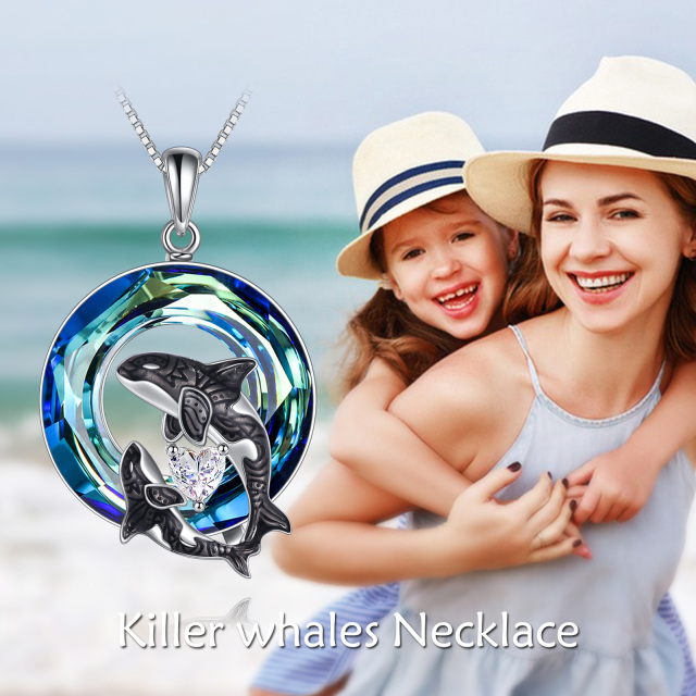 Sterling Silver Circular Shaped Crystal Killer Whale Pendant Necklace-3