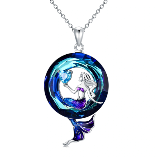 Sterling Silver Circular Shaped Crystal & Cubic Zirconia Mermaid Pendant Necklace