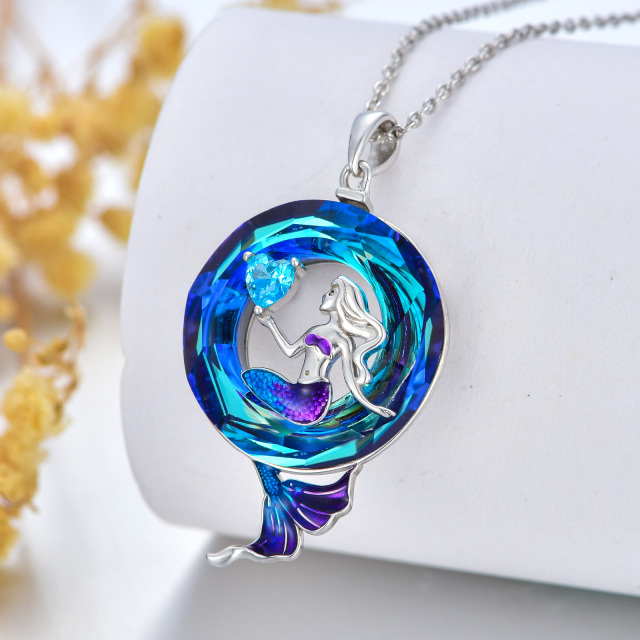 Sterling Silver Circular Shaped Crystal & Cubic Zirconia Mermaid Pendant Necklace-3