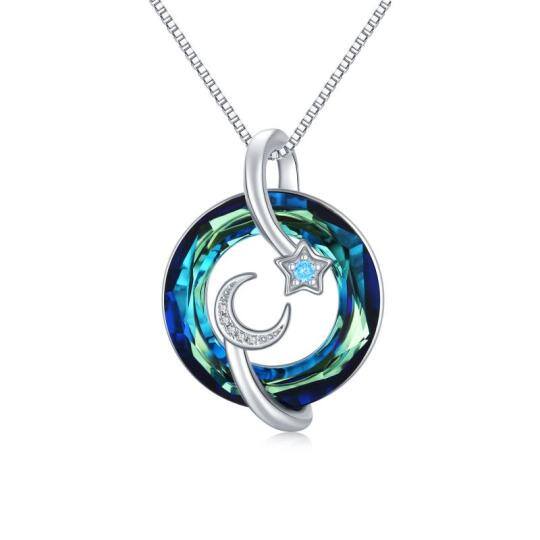 Sterling Silver Circular Shaped Crystal Moon Pendant Necklace