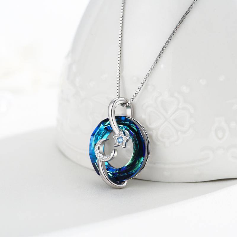 Sterling Silver Circular Shaped Crystal Moon Pendant Necklace-3