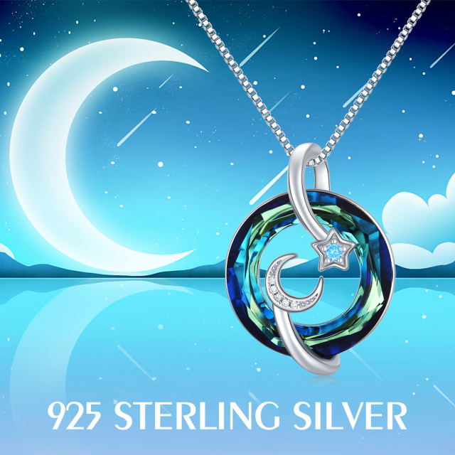 Sterling Silver Circular Shaped Crystal Moon Pendant Necklace-5