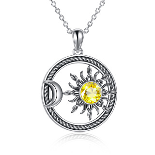 Sterling Silver Circular Crystal Moon & Sun Pendant Necklace for Women Men-36