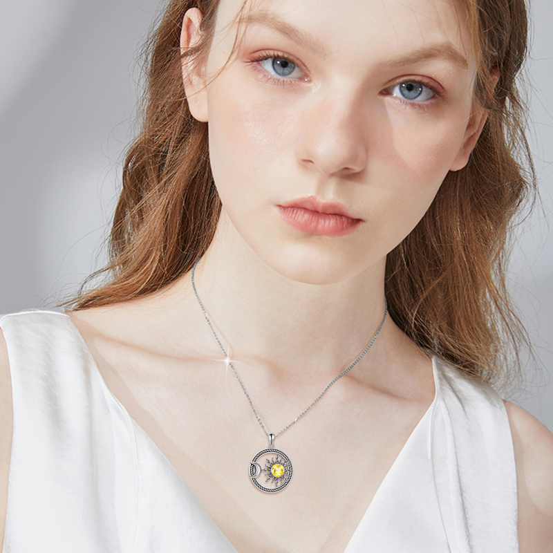 Sterling Silver Circular Crystal Moon & Sun Pendant Necklace for Women Men-2