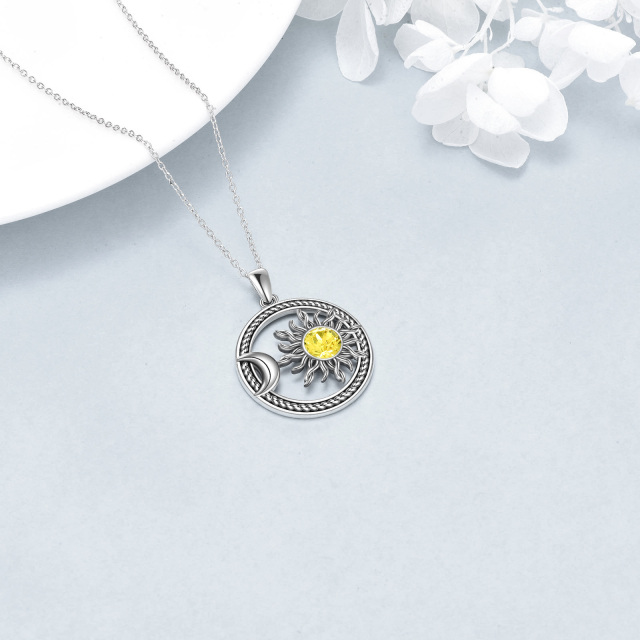 Sterling Silver Circular Shaped Crystal Moon & Sun Pendant Necklace-3