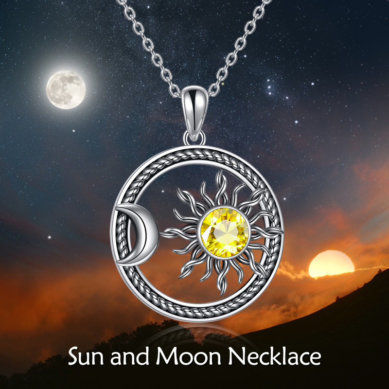 Sterling Silver Circular Crystal Moon & Sun Pendant Necklace for Women Men-5
